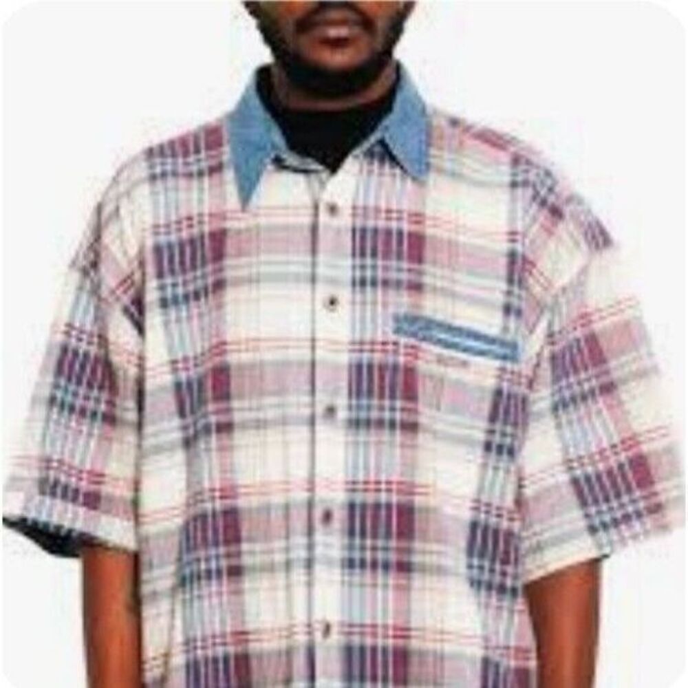 FRYDAY CLUB By NRK Shirt Men XL Grunge Skate Plaid Denim Pocket VINTAGE Y2K 90's